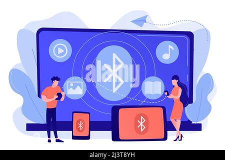Business people using devices connected with bluetooth. Bluetooth connection, bluetooth standard, device wireless communication concept. Pinkish coral Stock Vector