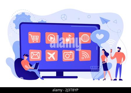 Tiny people with laptop, shopping cart using smart TV with apps. Smart TV applications, smart TV marketplace, television app development concept. Pink Stock Vector