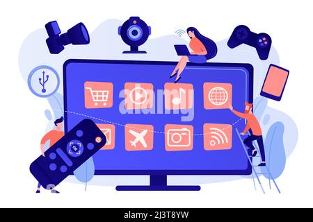 Tiny people using smart television connected to modern digital devices. Smart TV accessories, interractive TV entertainment, gaming TV tools concept. Stock Vector