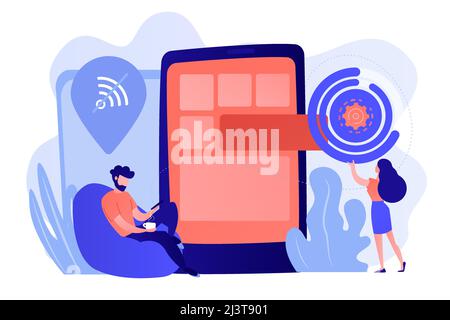 Developer working on web app on smartphone, user offline, tiny people. Progressive web app, working offline web, PWA application development concept. Stock Vector