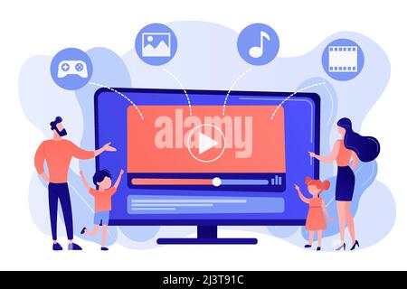 Tiny people family with kids watching smart television content. Smart TV content, smart TV interactive show, high resolution content concept. Pinkish Stock Vector