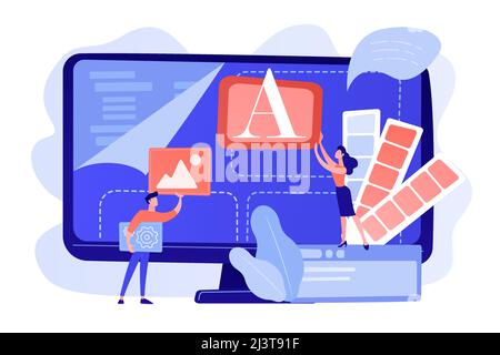 Programmers at computer using low code platform on computer, tiny people. Low code development, low code platform, LCDP easy coding concept. Pinkish c Stock Vector