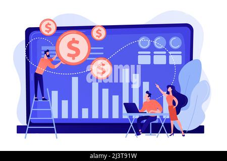 Tiny business people and analysts transforming data into money. Data monetization, monetizing of data services, selling of data analysis concept. Pink Stock Vector