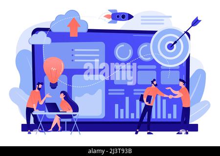 Tiny business analysts discussing ideas at laptop with data. Data initiative, occupation in metadata study, data driven startup concept. Pinkish coral Stock Vector