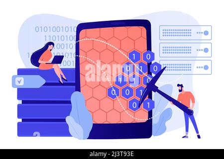 Tiny people, scientists at tablet with pickaxe mining. Data mining, data warehouse sourcing, data collecting techniques concept. Pinkish coral bluevec Stock Vector