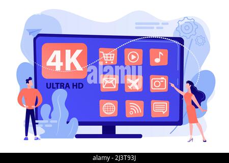 Tiny business people watching modern ultra hd smart television. UHD smart TV, ultra high definition, 4k 8k display technology concept. Pinkish coral b Stock Vector
