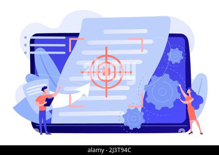 Tiny people project managers work on vision and scope document. Vision and scope document, project main plan, project management document concept. Pin Stock Vector