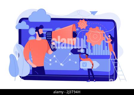 Tiny people, marketer with megaphone, consumers data analysis. Data driven marketing, consumer behaviour analysis, digital marketing trend concept. Pi Stock Vector