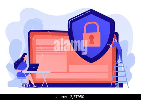 Tiny people businessman with shield protecting data on laptop. Data privacy, information privacy regulation, personal data protection concept. Pinkish Stock Vector