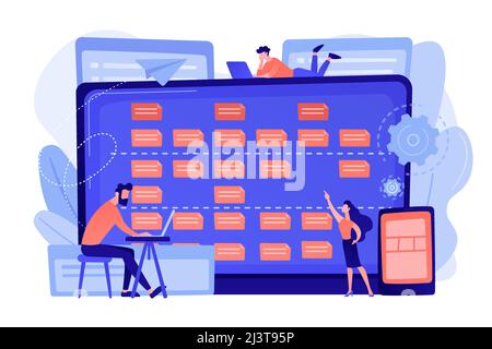 Tiny people developers at laptop and customer requirements. Software requirement description, user case agile tool, business analysis concept. Pinkish Stock Vector