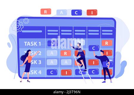 Tiny business people at responsibility chart with tasks. RACI matrix, responsibility assignment matrix, linear responsibility chart concept. Pinkish c Stock Vector