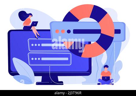 Tiny people programmers with laptops save data on backup server with lifebuoy. Backup server, online backup storage, secondary system server concept. Stock Vector