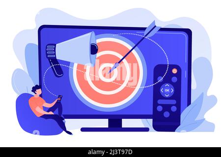 Businessman with remote control watching targeted TV ads. Addressable TV advertising, new advertising technology, targeting TV marketing concept. Pink Stock Vector