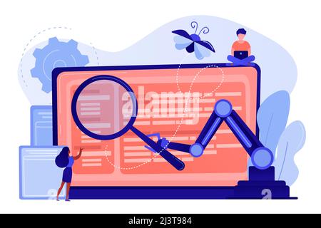 Laptop and software assisting in testing process, tiny people testers. Automated testing, automotive executed test, software auto tester concept. Pink Stock Vector