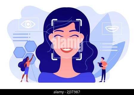 Tiny people scientists identify womans emotions from voice and face. Emotion detection, emotional state recognizing, emo sensor technology concept. Pi Stock Vector