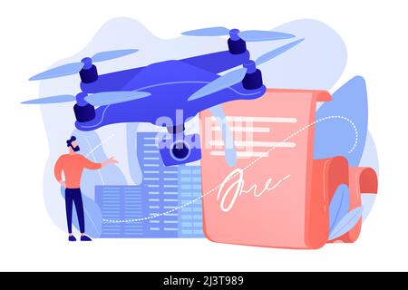 Businessman with drone reading document with regulations. Drone flying regulations, drone use limitations, unmanned aircraft rules concept. Pinkish co Stock Vector