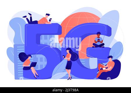 Tiny business people with mobile devices using 5g technology. 5g network, next generation connectivity, modern mobile communication concept. Pinkish c Stock Vector