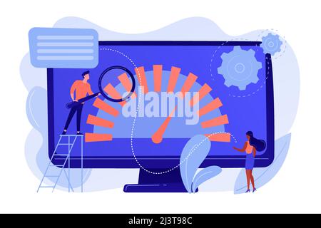 Tiny business people look at product performance indicator. Benchmark testing, benchmarking software, product performance indicator concept. Pinkish c Stock Vector