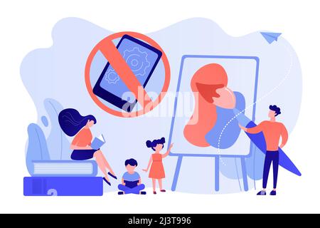 Tiny people parents paint and read books with children and no smartphone sign. Low tech parenting, tech-free kids, low media child concept. Pinkish co Stock Vector