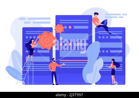 Tiny people data center engineers and administrator working with servers. Data center, centralized computer system, remote data storage concept. Pinki Stock Vector