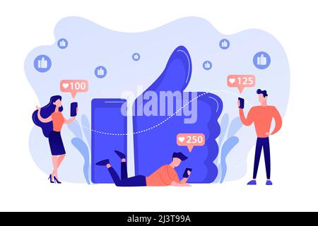 Tiny business people with smartphones and tablet get like notifications. Likes addiction, thumbs-up dependence, social media madness concept. Pinkish Stock Vector