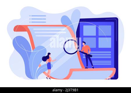Tiny business people with magnifier reading electronic paper document. Electronic paper, e-ink technology, low energy consumption display concept. Pin Stock Vector