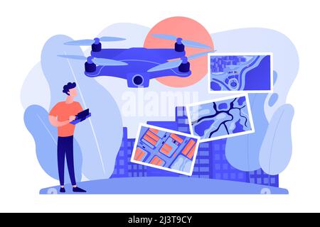 Drone, quadcopter operator, pilot making photos. UAV with camera. Aerial photography, air survey services, drone photo of your event concept. Pinkish Stock Vector