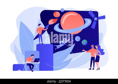 VR space exploration, virtual reality cosmos travel. Virtual world development, simulated environment experiences, virtual worlds design concept. Pink Stock Vector