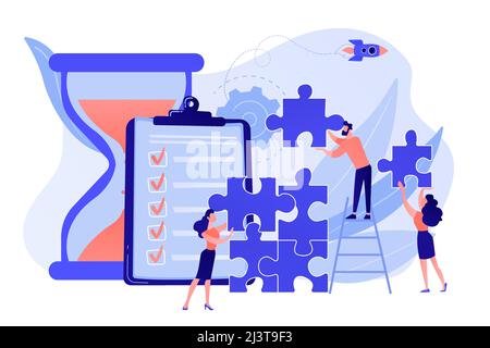 Project management. Business process and planning, workflow organization. Colleagues working together, teamwork. Project delivery concept. Pinkish cor Stock Vector