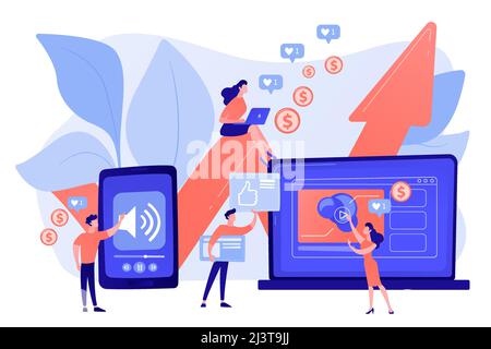 SMM, social media network influencer marketing. High ROI content, top media content production, measure your content investment concept. Pinkish coral Stock Vector