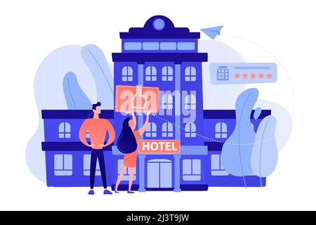 Business people with thumb up for modern trendy lifestyle hotel. Lifestyle hotel, modern hospitality trend, cutting-edge hotel concept. Pinkish coral Stock Vector