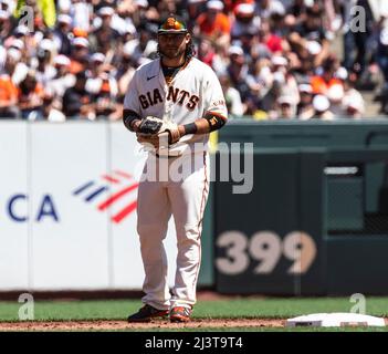 April 09 2022 San Francisco CA, U.S.A. San Francisco shortstop Brandon  Crawford (35) in the infield during MLB game between the Miami Marlins and  the San Francisco Giants. The Marlins beat the