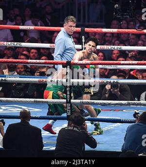 SAN ANTONIO, TX - APRIL 8: (R-L) Ryan Garcia punches lightweight title fight at the Alamodome Stadium, on April 9, 2022, in San Antonio, Texas, USA (Photo by Mikael Ona /PxImages) Credit: Px Images/Alamy Live News Stock Photo