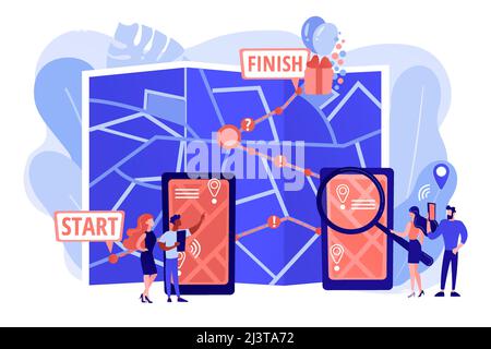 Smartphone digital map, GPS navigation mobile application. Interactive city quest, urban games organization, turistic adventure quest concept. Pinkish Stock Vector