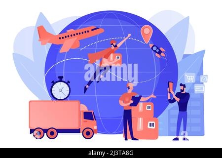 Courier carrying order, delivering parcel. Express cargo delivery service, air freight logistics and distribution, global postal mail concept. Pinkish Stock Vector
