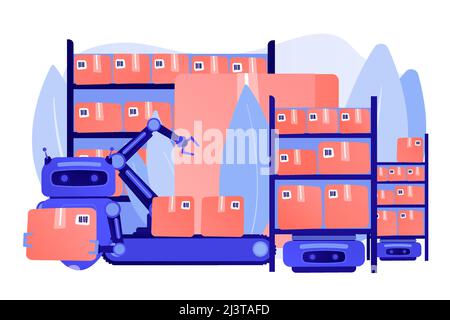Storehouse automatic packages loading technology. Warehousing robotization, warehouse robotics engineering, self-driving forklifts concept. Pinkish co Stock Vector