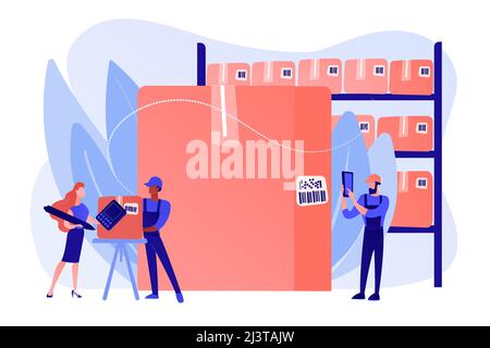 Workers in warehouse, storage facility. Sorting and labeling items. Barcode scanning, barcode generator software, mobile proof of delivery concept. Pi Stock Vector