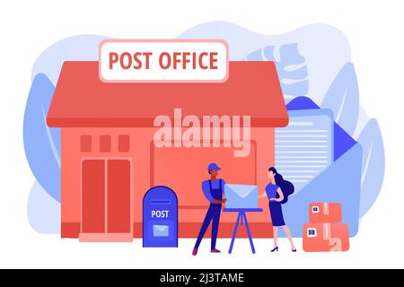 Documents, letters express courier delivering. Postal services. Post office services, post delivery agent, post office card accounts concept. Pinkish Stock Vector