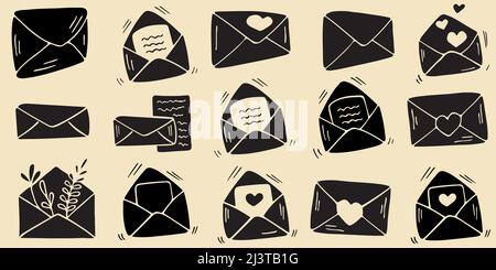 Set of vector doodle Envelope Letter Silhouette Illustration. Stock Vector