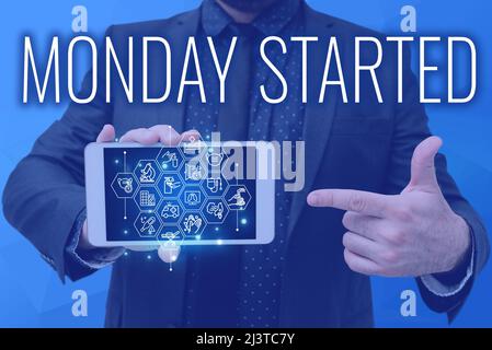 Conceptual display Monday Started. Word Written on getting ready for new week Rest is over lets begin work Man holding Screen Of Mobile Phone Showing Stock Photo