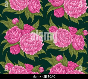 Vector seamless pattern with cartoon lush peony flowers with foliage on dark green background for wrapping paper. Fabric swatch with floral bush. Stock Vector