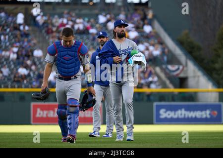 Denver CO, USA. 9th Apr, 2022. Los Angeles catcher Austin Barnes(15) in  action during the game with Los Angels Dodgers and Colorado Rockies held at  Coors Field in Denver Co. David Seelig/Cal