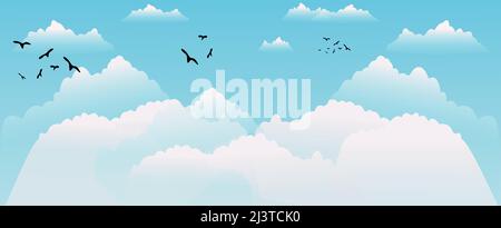 Sky and Clouds, Beautiful Background, cartoon poster, Crow, Eagle flyers, postcards, web banners. holiday mood, airy atmosphere. Isolated Object. Stock Vector
