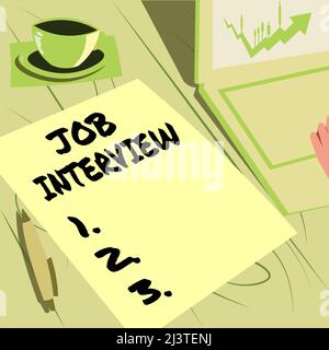 Writing displaying text Job Interview. Internet Concept Assessment Questions Answers Hiring Employment Panel Laptop Resting Beside Coffee Mug And Stock Photo