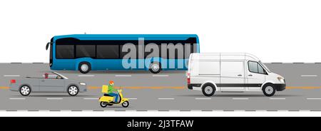 Road traffic on the highway. Set of different vehicles on the road. Bus, cargo minibus, convertible, motorcycle. Flat vector illustration. Stock Vector