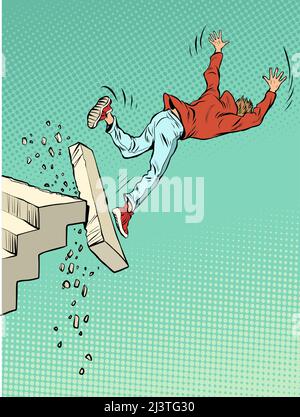 a man falls down the stairs, the last step into the abyss. The symbol of failure. Pop Art Retro Vector Illustration 50s 60s Kitsch Vintage Style Stock Vector