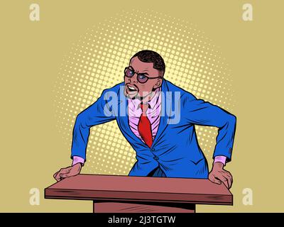 african businessman speaker speaks on podium, training business school. Politician or preacher. Pop art retro vector illustration comic caricature 50s Stock Vector