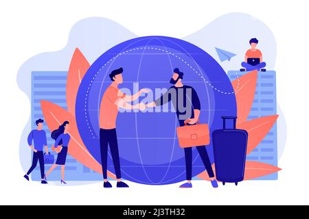 Human resources agency for migrants. Help hub. Expat work, effective migrant workers, expatriate programme, outside country employment concept. Pink c Stock Vector