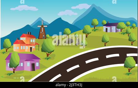 House in the mountains, nature landscape, vector background Stock ...