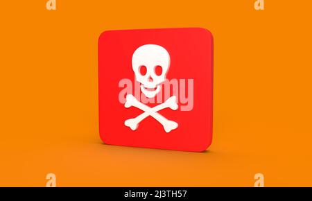 white skull symbol as template for poison or warning for poisons on red rounded rectangle against orange background. 3D rendering Stock Photo